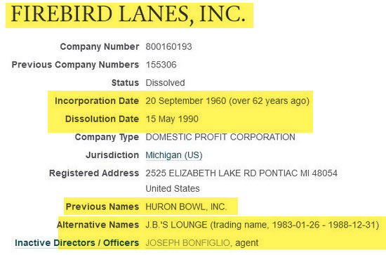 Firebird Lanes (Huron Bowl, JBs Lounge) - Firebird Lanes Corporate Registration (newer photo)